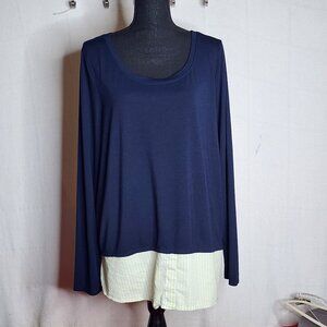 Lane Bryant Layer Look Blue Poly Rayon Span Trim Yellow Stripe Cotton Top 14/16
